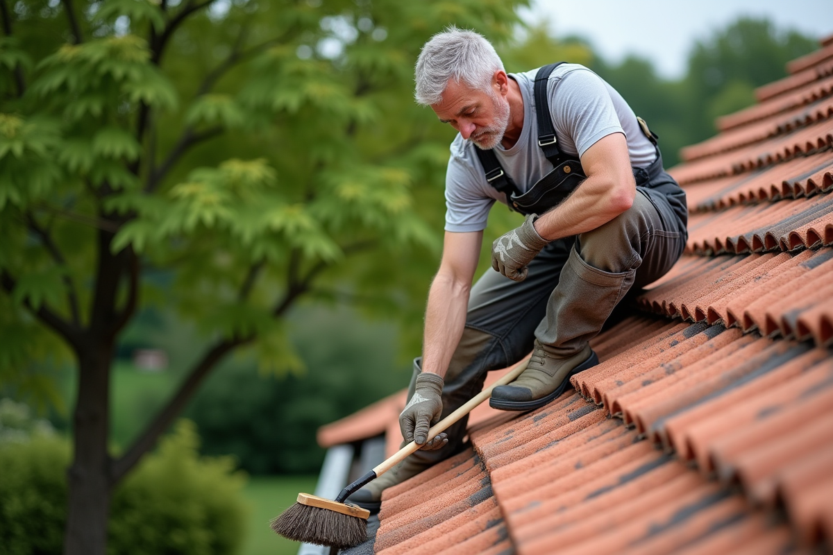 Homme en overalls nettoyant une toiture en tuiles avec brosse