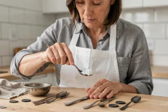 Femme nettoyant une cuillère en argent noircie avec une brosse à dents et du dentifrice sur un plan de travail en cuisine