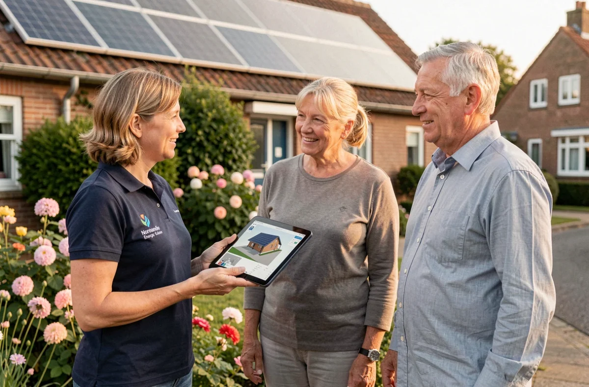 Conseillère Normandie Énergie Solaire présentant une simulation d'installation photovoltaïque sur tablette à un couple de propriétaires normands