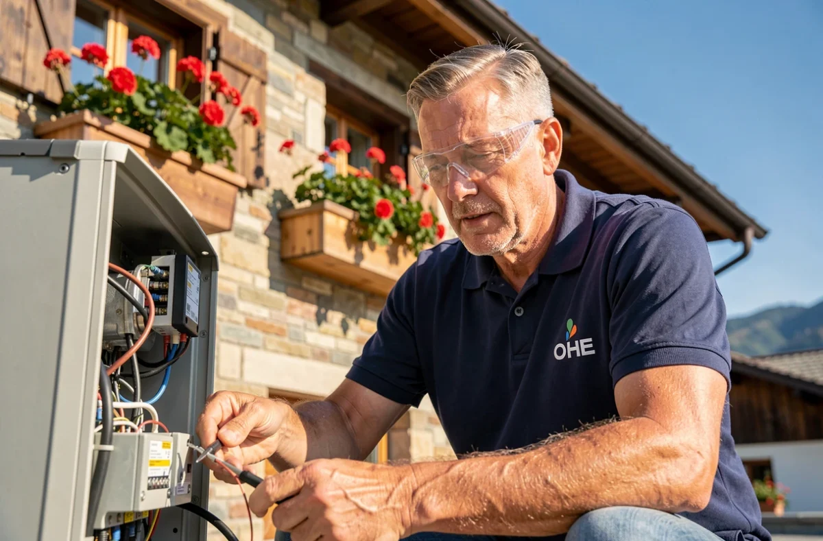 Expert OHE inspectant un onduleur solaire lors d'une visite de maintenance sur une propriété résidentielle en Haute-Savoie