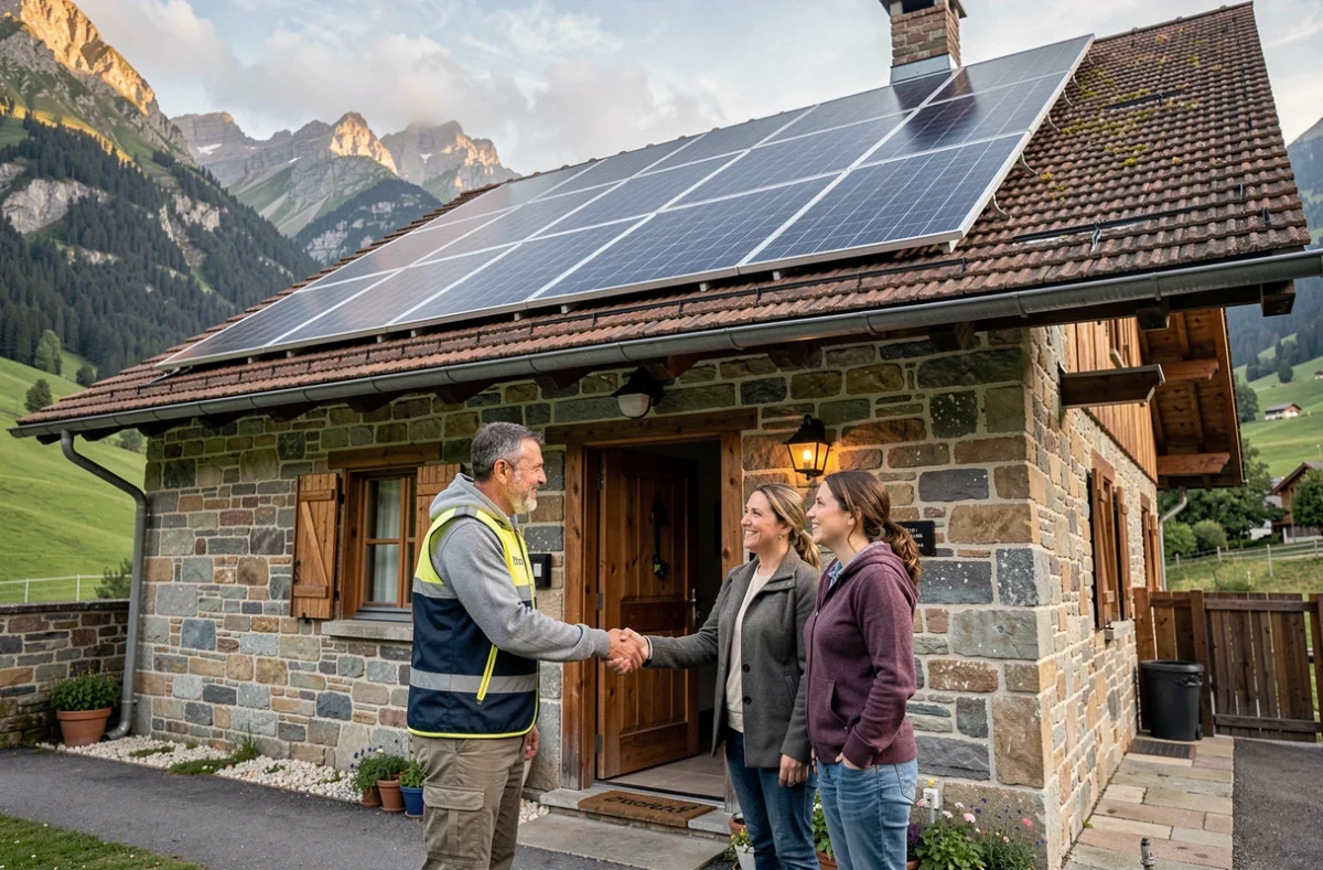 Installateur local Otovo serrant la main d'un couple de propriétaires devant une maison savoyarde avec des panneaux solaires installés en Haute-Savoie