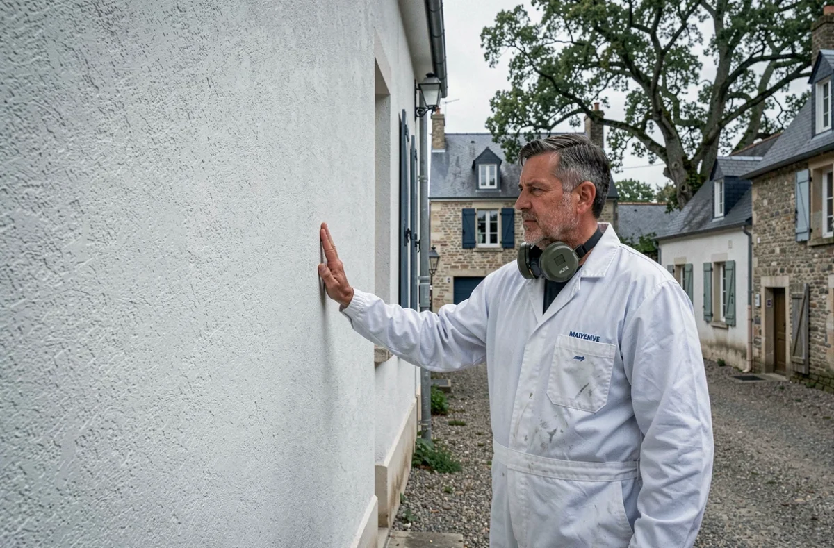 Spécialiste en peinture extérieure inspectant un enduit de façade dans un village en Mayenne