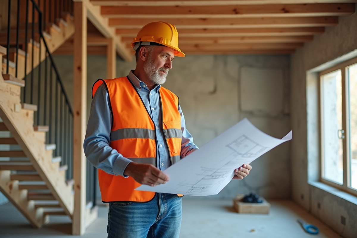 Constructeur en travail consultent plans de construction