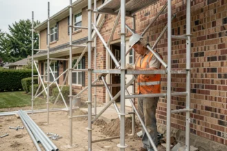 Ouvrier inspectant un échafaudage modulaire en aluminium sur une façade résidentielle lors d'un chantier court