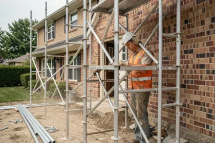 Ouvrier inspectant un échafaudage modulaire en aluminium sur une façade résidentielle lors d'un chantier court