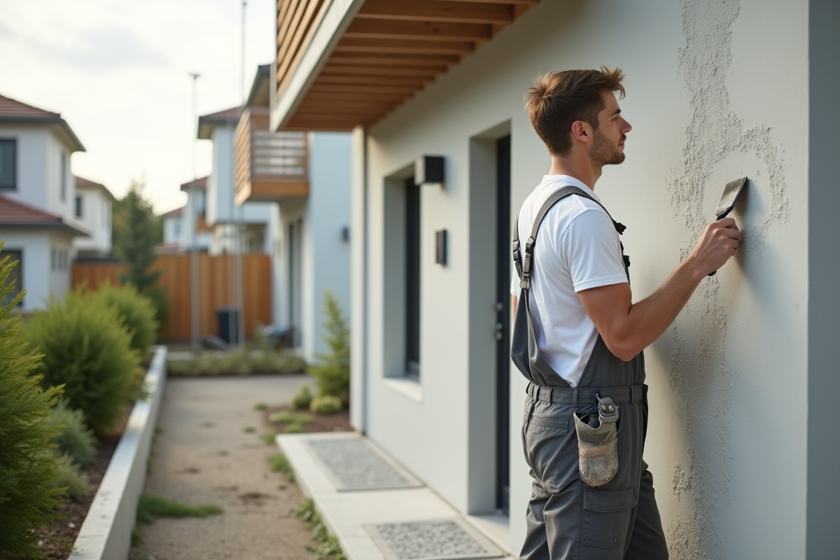 Jeune homme appliquant du stucco sur une façade moderne