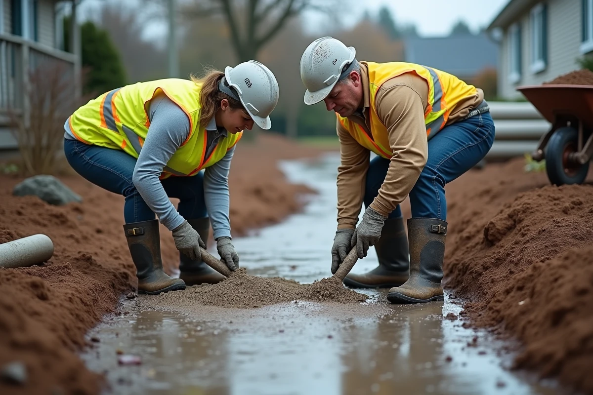 Deux ouvriers compactant une base de pierre concassée pour stabiliser une allée sur terrain humide