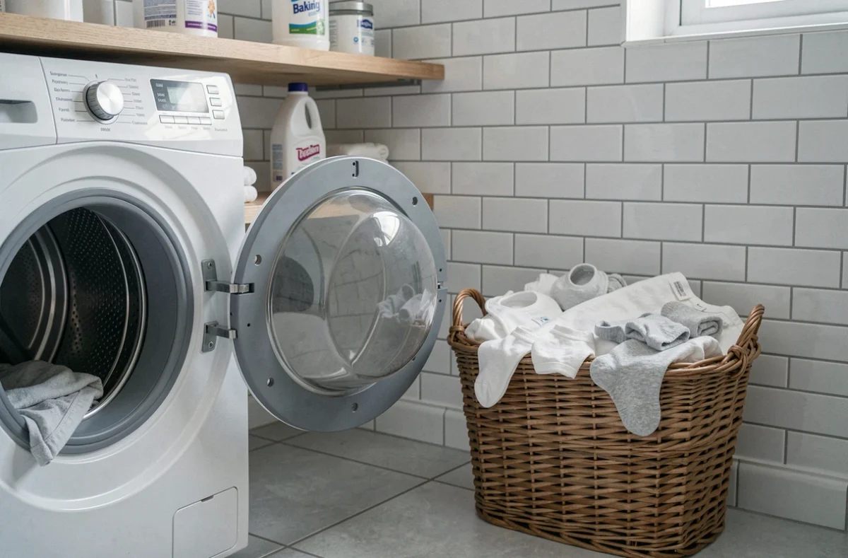 Panier de linge bébé grisé devant un lave-linge dans une buanderie naturelle