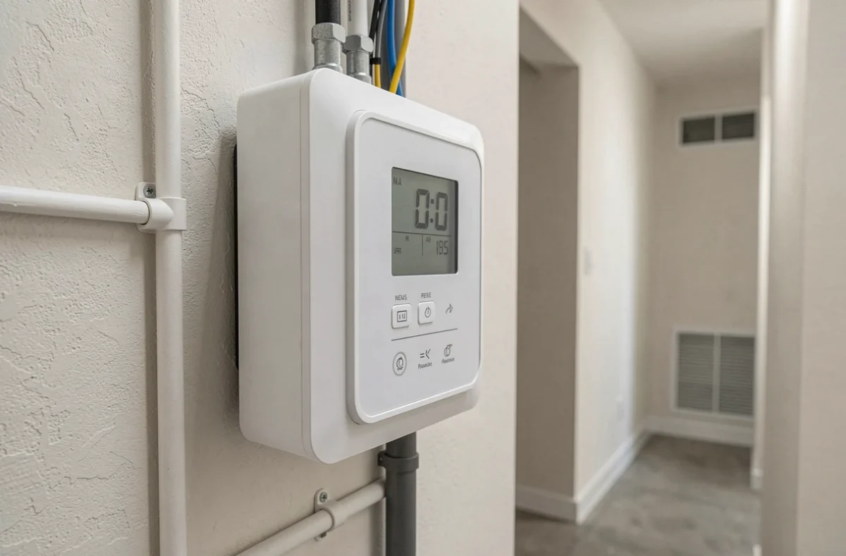 Panneau de contrôle et thermostat d'une pompe à chaleur gainable installée dans un couloir de maison moderne