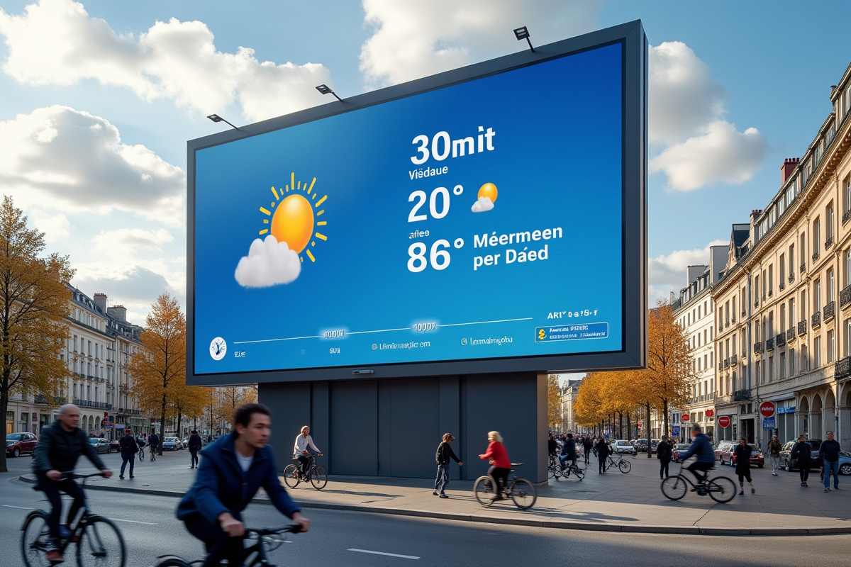 Panneau météo numérique dans une ville française en extérieur