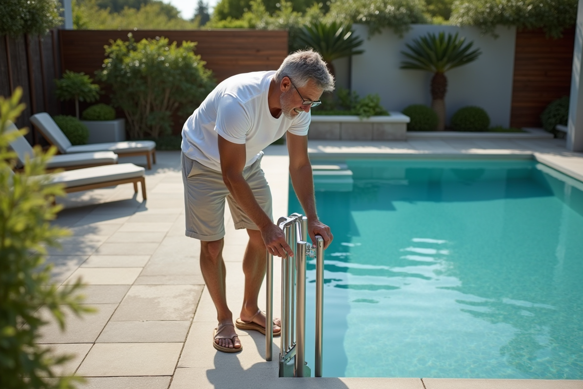 Pere attentif sécurisant une barrière autour de la piscine