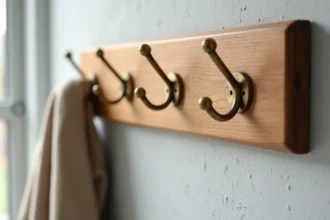 Gros plan sur une patère murale en bois avec crochets en laiton fixée sur un mur gris, montrant la texture du bois et la patine naturelle des crochets