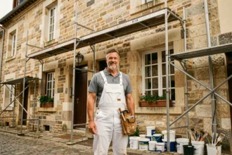 Peintre en bâtiment professionnel devant une façade rénovée dans l'Oise