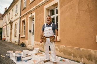 Peintre en bâtiment professionnel devant une façade rénovée dans les Pays de la Loire