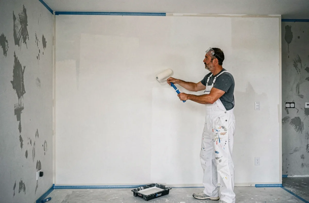 Homme en salopette peignant un mur en grande surface avec un rouleau lors d'une rénovation intérieure