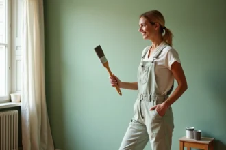 Femme peignant un mur vert sauge dans un appartement parisien avec fenêtres à lumière naturelle