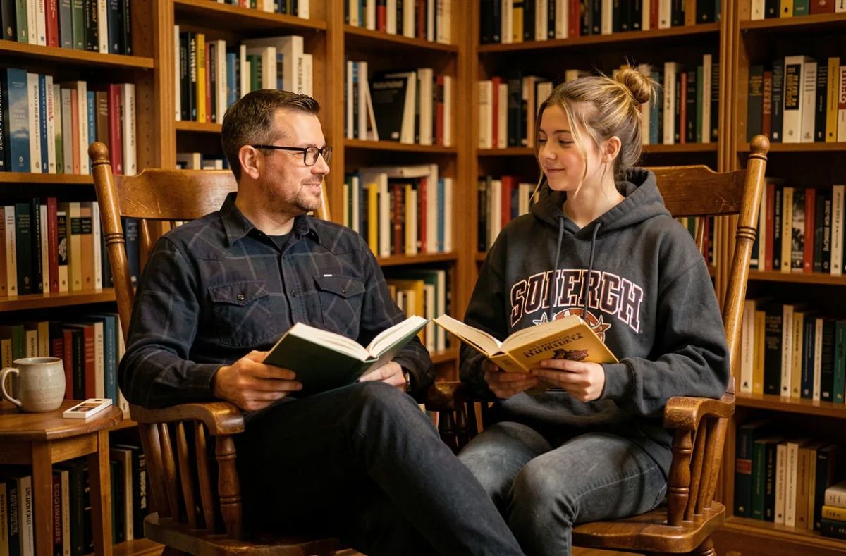 Père et adolescente partageant un fauteuil à bascule dans une bibliothèque familiale remplie de livres