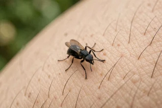 Gros plan macro d'un petit insecte noir sur la peau humaine, détails anatomiques visibles pour identification