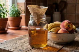 Piège à mouche vinaigre artisanal en bocal en verre posé sur un comptoir de cuisine rustique avec des fruits mûrs