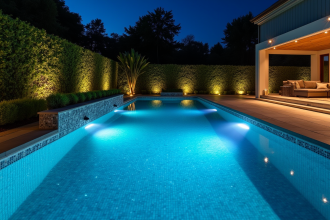 Piscine extérieure moderne la nuit avec éclairage LED