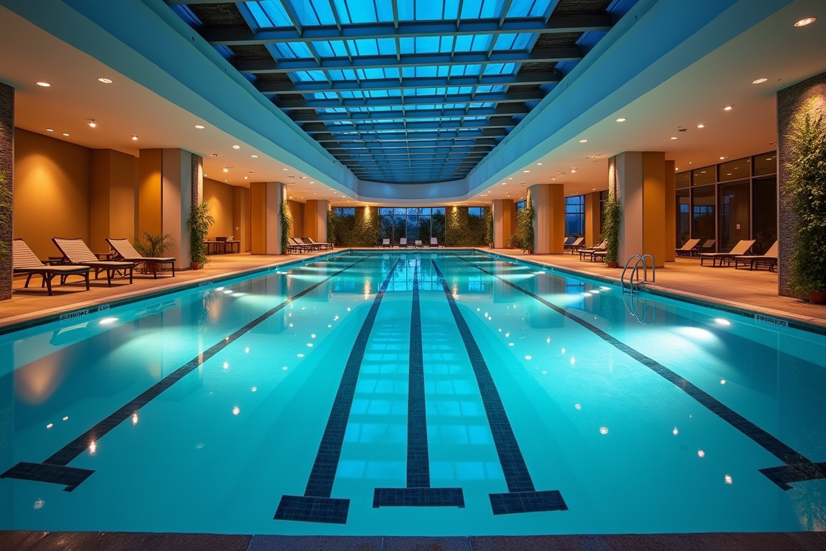 Piscine intérieure spacieuse éclairée en soirée