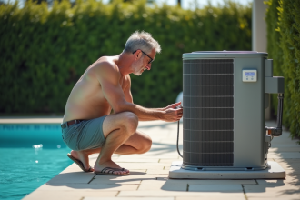 Homme d'âge moyen vérifiant une pompe à chaleur extérieure près de la piscine