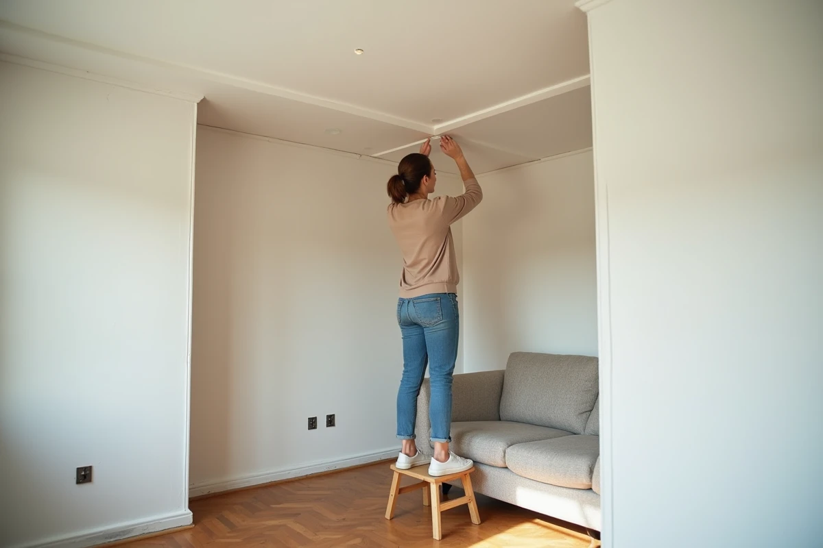 Femme inspectant l'installation terminée de plaques isolantes thermiques sur le plafond d'un salon rénové