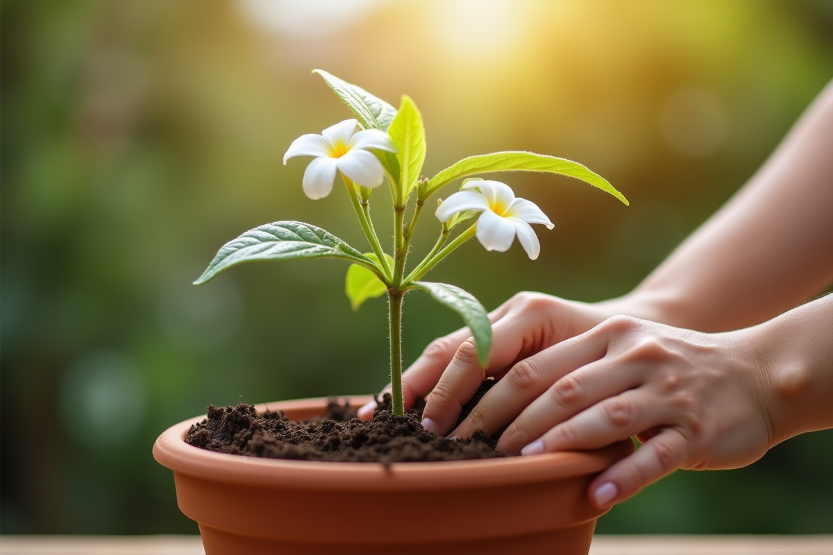 Mains plantant doucement un jasmine dans un pot en terre cuite