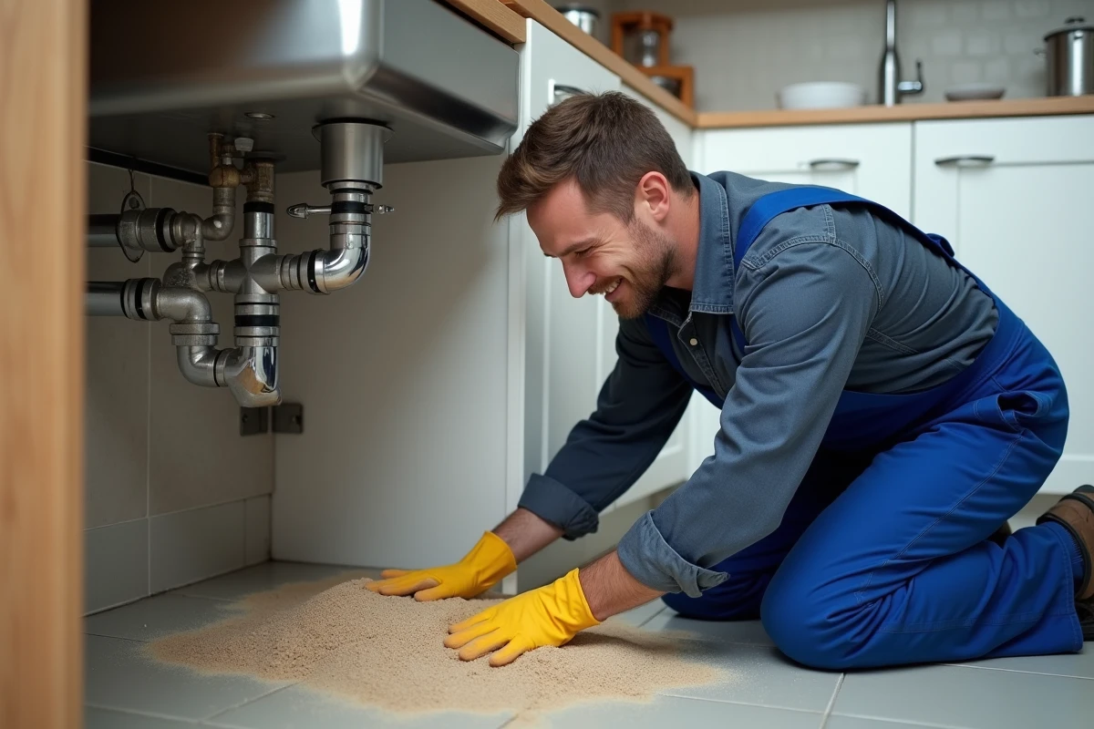 Plombier homme en action sous évier cuisine moderne
