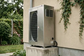 Pompe à chaleur Chaffoteaux 14 kW installée en extérieur sur une façade de maison individuelle