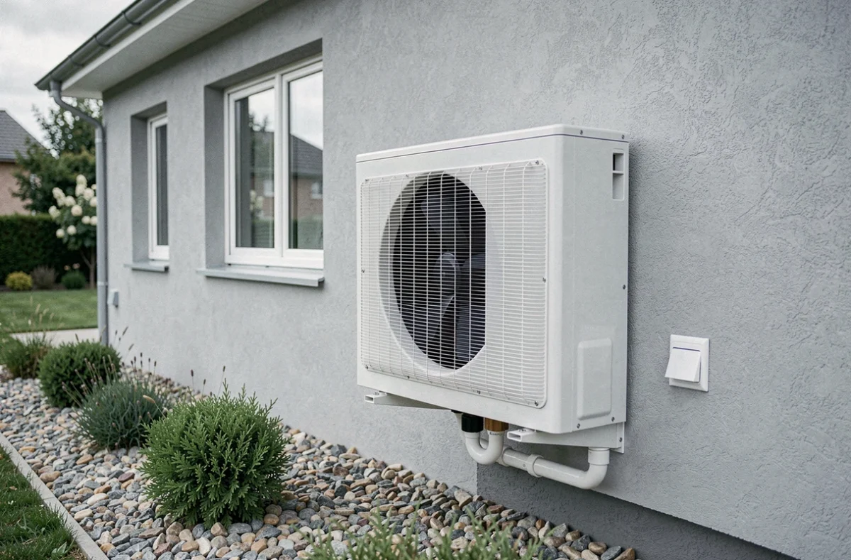 Pompe à chaleur air-eau installée sur la façade extérieure d'une maison pavillonnaire moderne