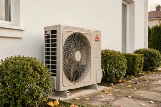 Pompe à chaleur Mitsubishi installée en extérieur contre un mur de maison individuelle moderne