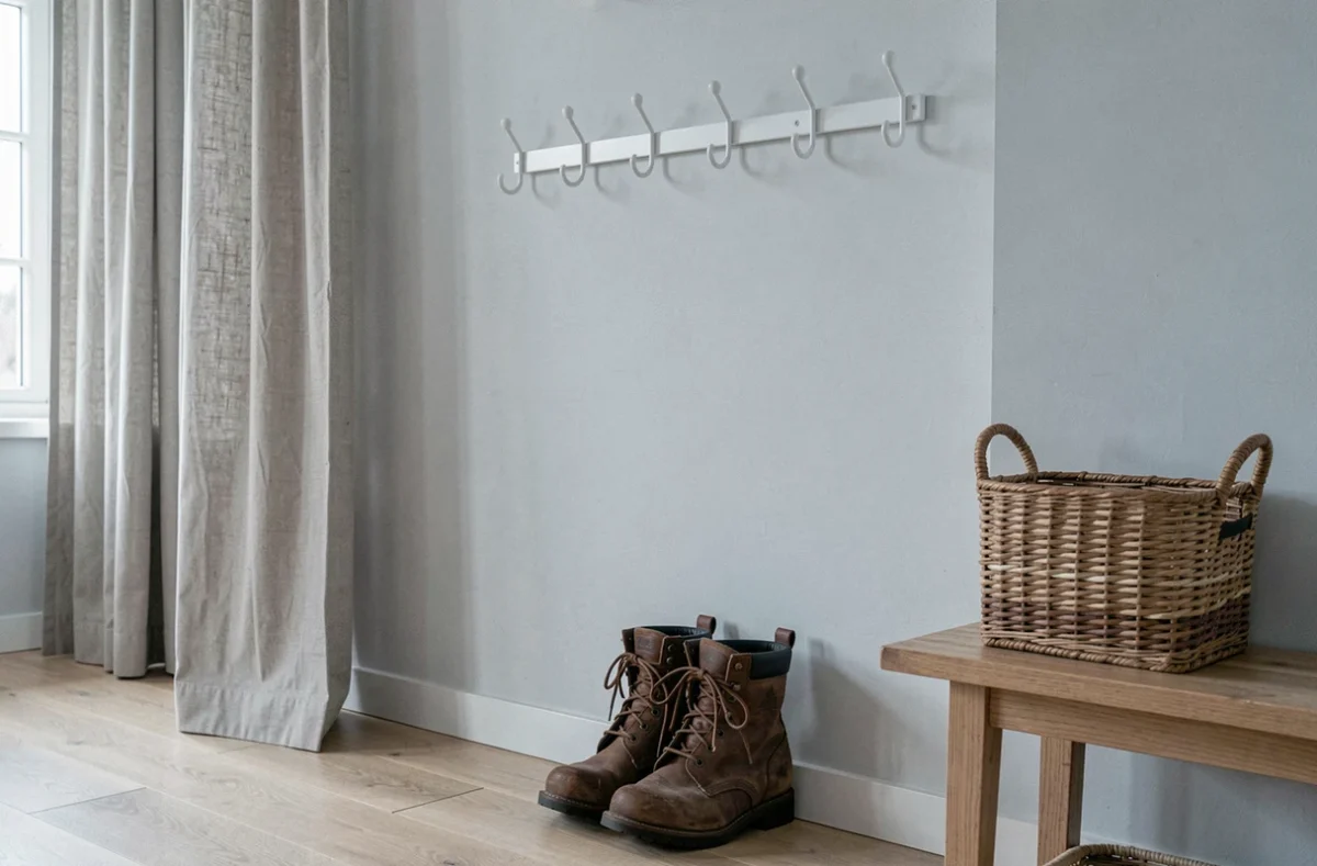 Porte-manteau mural en métal blanc style scandinave dans une entrée minimaliste avec bottes et panier en osier