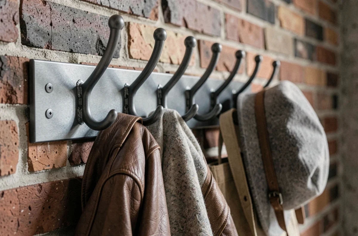 Gros plan sur un porte-manteau mural en métal gris anthracite fixé sur un mur en briques avec veste en cuir accrochée