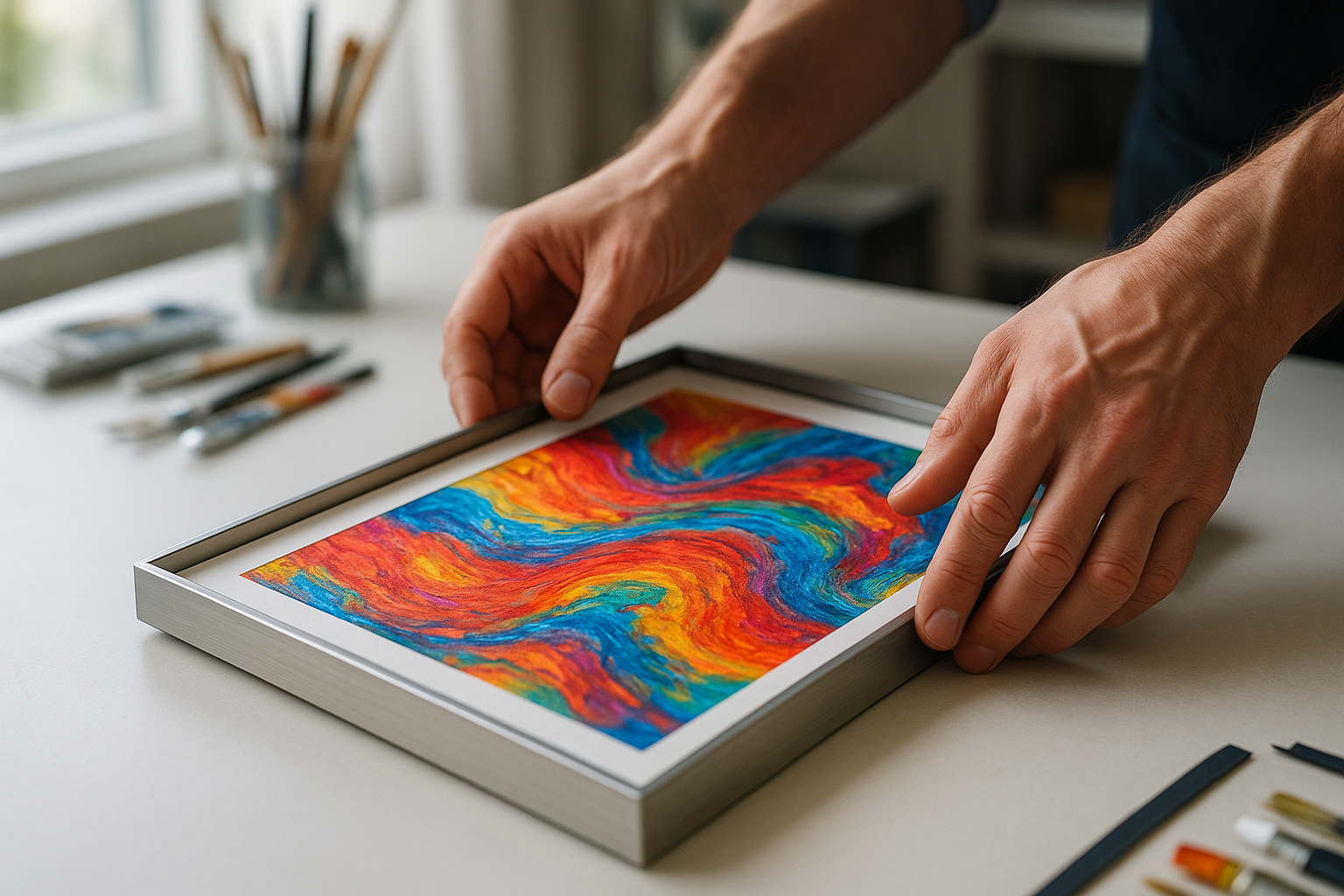 Mains plaçant une œuvre d