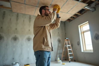 Artisan posant une plaque d'isolation thermique sur un plafond en béton lors de travaux de rénovation intérieure