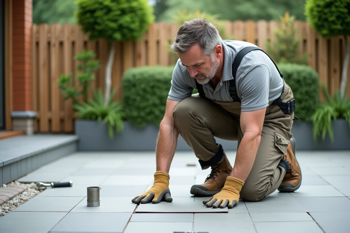 Poseur de dalles en extérieur sur terrasse spacieuse
