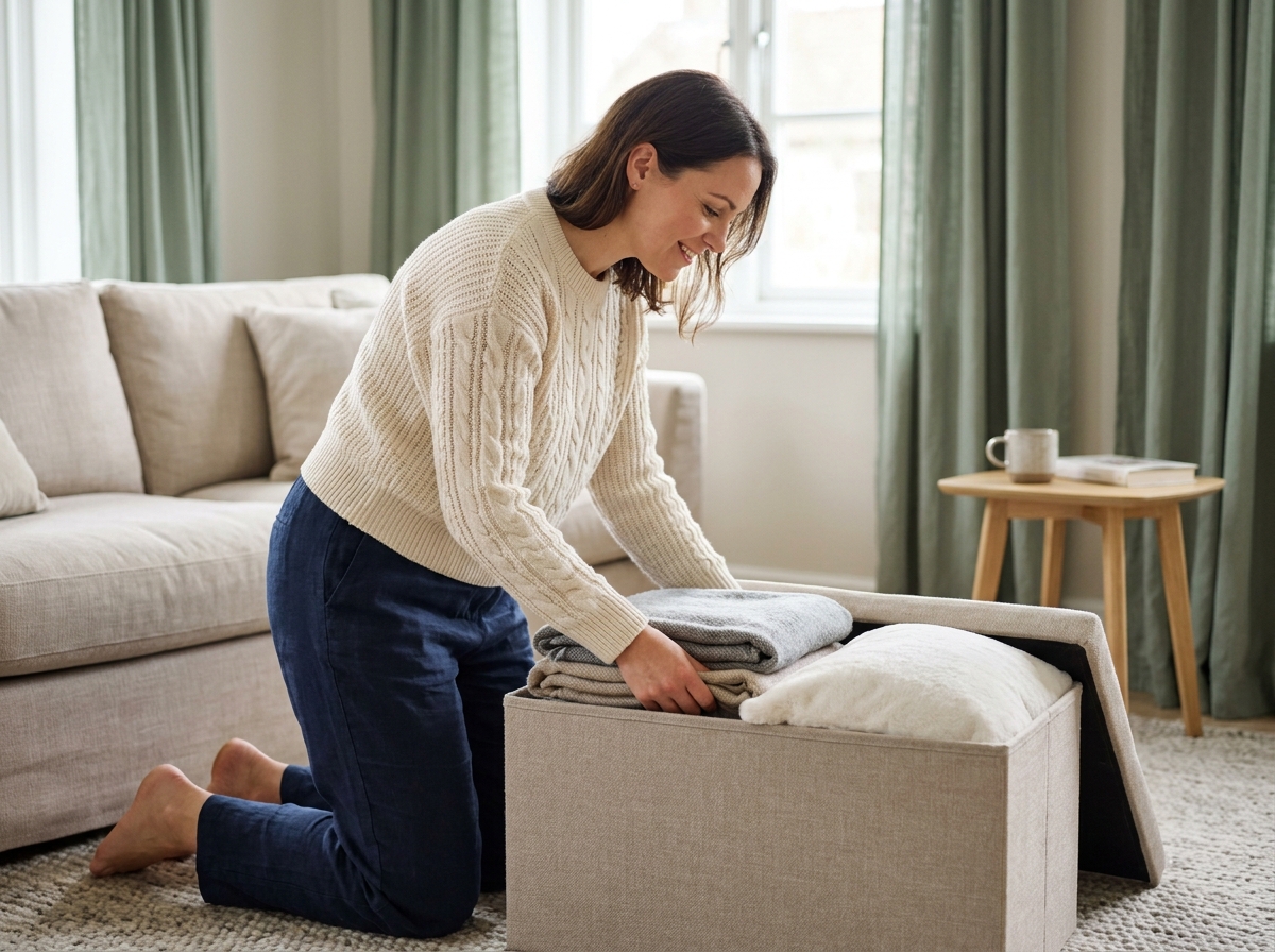 Femme rangeant des couvertures dans un pouf coffre dans un salon convivial avec rideaux sauge et canapé en lin