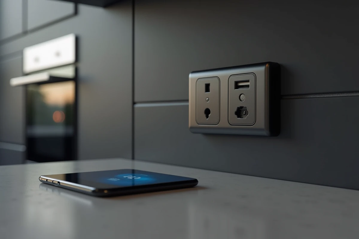 Prise de courant double encastrée avec port USB-C sur crédence anthracite dans une cuisine équipée haut de gamme