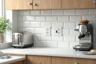 Prises de courant bien positionnées au-dessus du plan de travail d'une cuisine moderne avec carrelage blanc et électroménager
