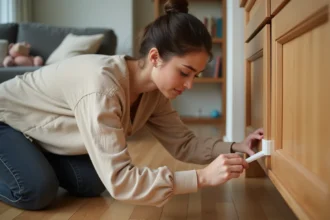 Mère installant un protège-coin en silicone sur un meuble d'angle en chêne dans un salon familial