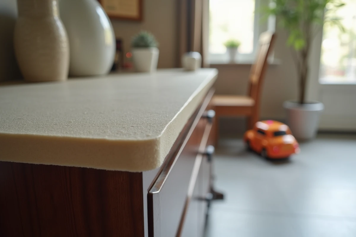 Gros plan sur un protège-angle en mousse installé sur un meuble d'angle en noyer dans une salle à manger