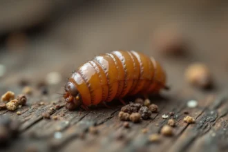 Pupe de mouche en gros plan sur bois, montrant la structure segmentée et la texture du puparium