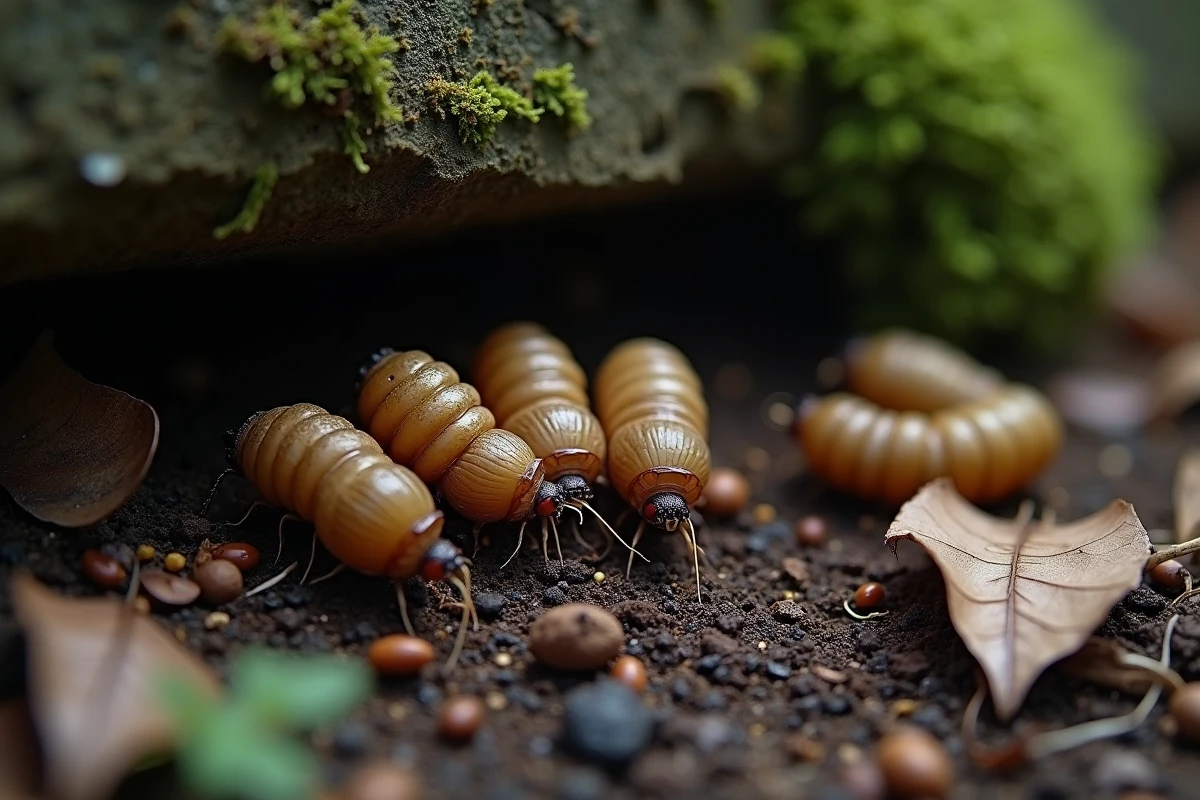 Pupes de mouche dans leur environnement naturel, nichées dans la terre humide et les feuilles en décomposition