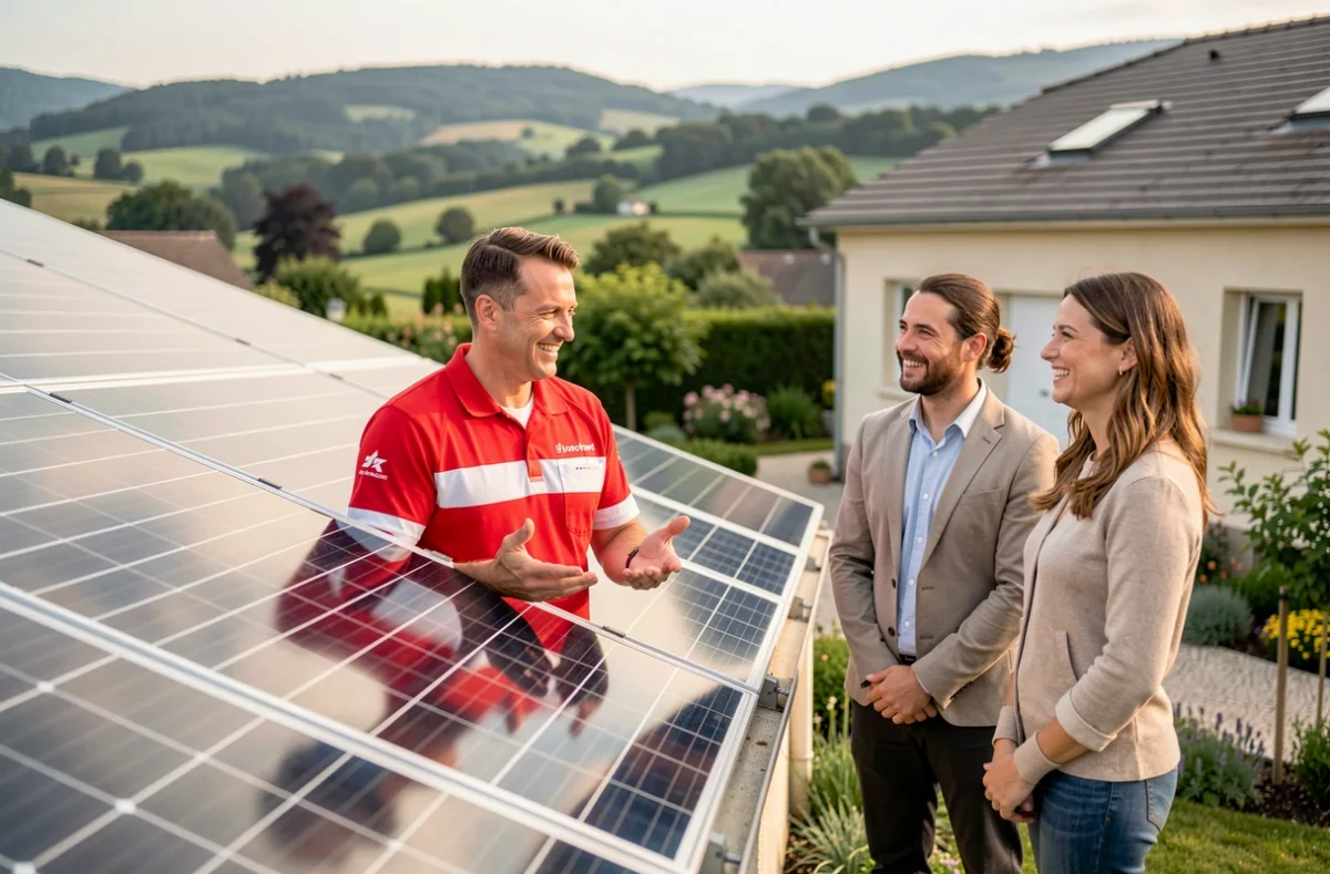 Responsable d'installation R Green Energy présentant une installation photovoltaïque achevée à des propriétaires en région AURA