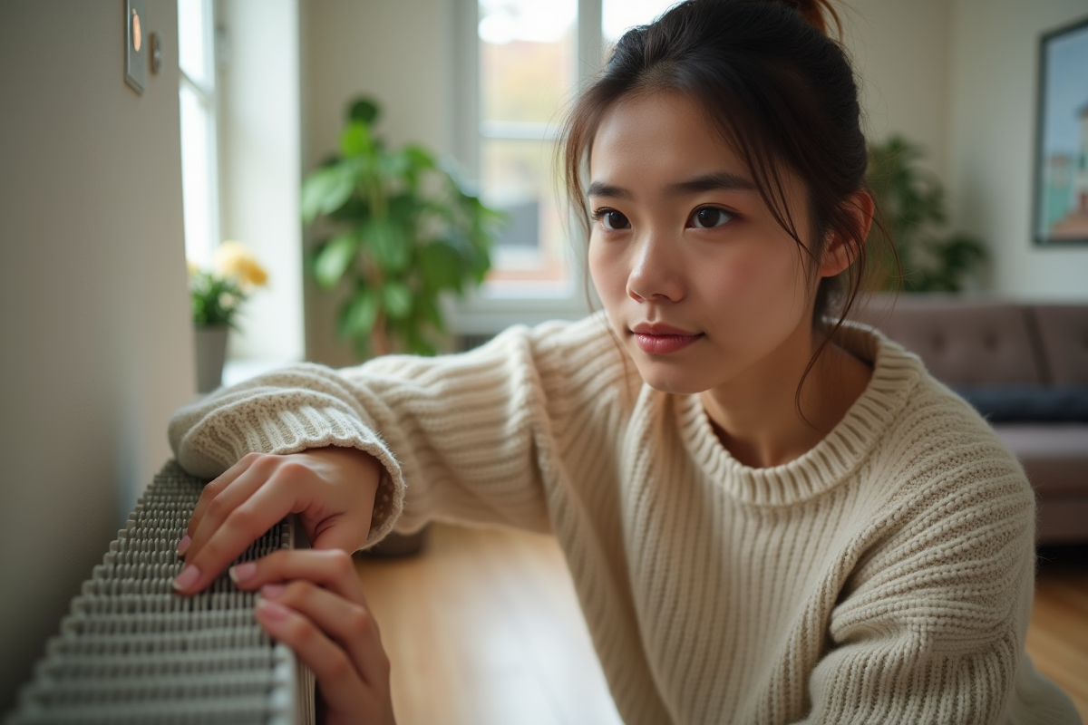 Femme touchant un radiateur dans un salon lumineux