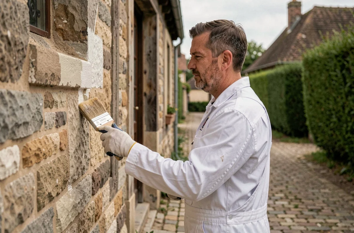 Peintre en bâtiment appliquant de la peinture sur une façade en pierre à Songeons