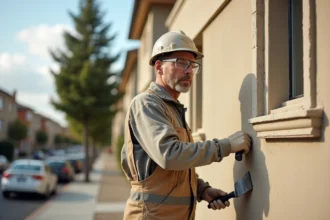 Maçon appliquant un enduit minéral lisse sur une façade rénovée en ton greige chaud, vue de rue avec profondeur de champ réaliste