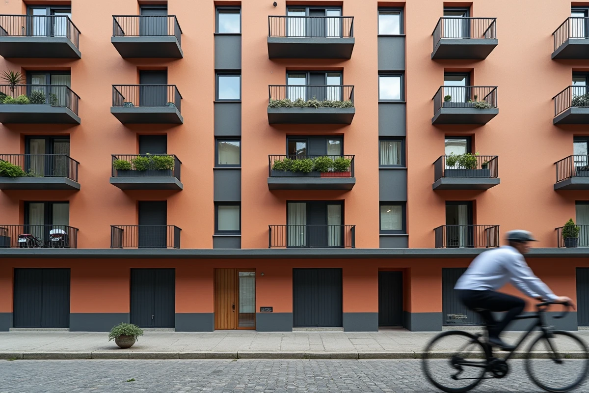 Immeuble des années 70 ravalé avec enduit bicolore terracotta et gris anthracite, vue grand angle de rue en ambiance urbaine européenne