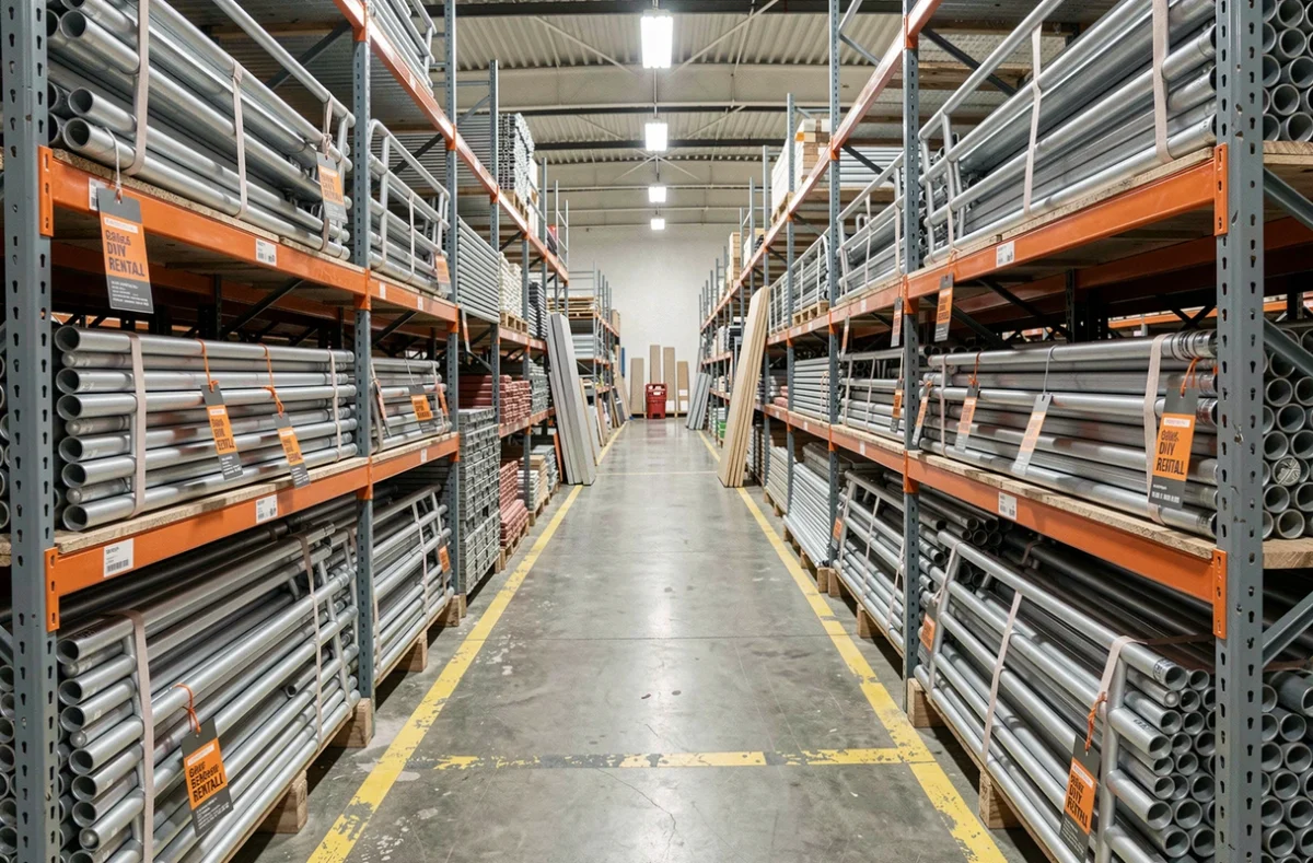 Rayon de location d'échafaudages dans un magasin de bricolage avec des cadres en aluminium empilés et des étiquettes de location
